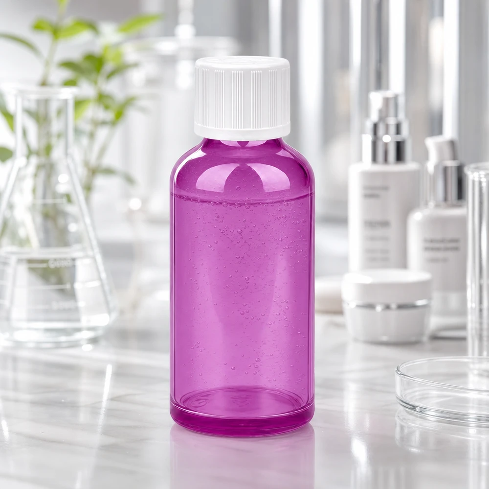 50 ml flaske 11 mm skruelåg hvid standard børnesikret PurpleLine UT18/50 50 ml plastflaske af høj kvalitet i transparent lilla med rillet hvidt skruelåg