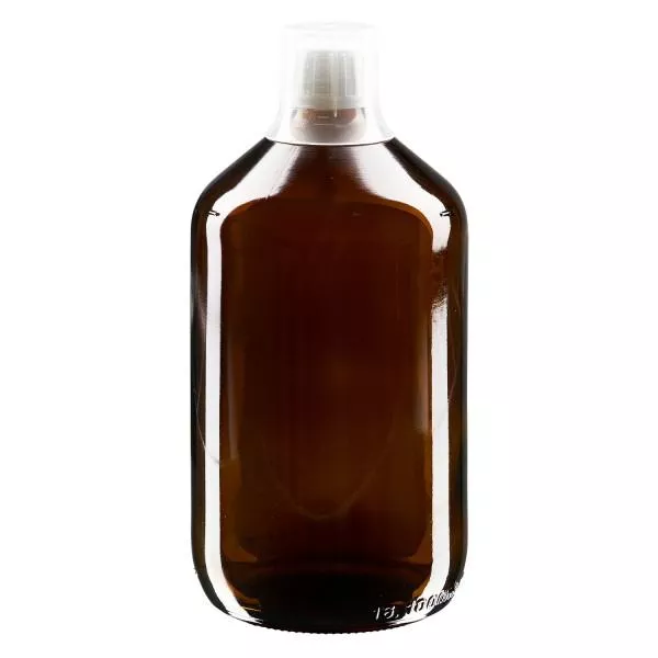 1000 ml medicinflaske brun, hætte OV med doseringsbæger 30 ml ApoGlas. Farmaceutisk kvalitet fra EU-produktion. 28 mm (PP28) gevind. (sirup, let glasflaske)