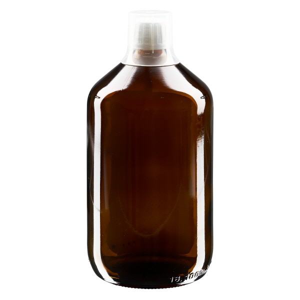 1000 ml medicinflaske brun, hætte OV med doseringsbæger 30 ml ApoGlas. Farmaceutisk kvalitet fra EU-produktion. 28 mm (PP28) gevind. (sirup, let glasflaske)