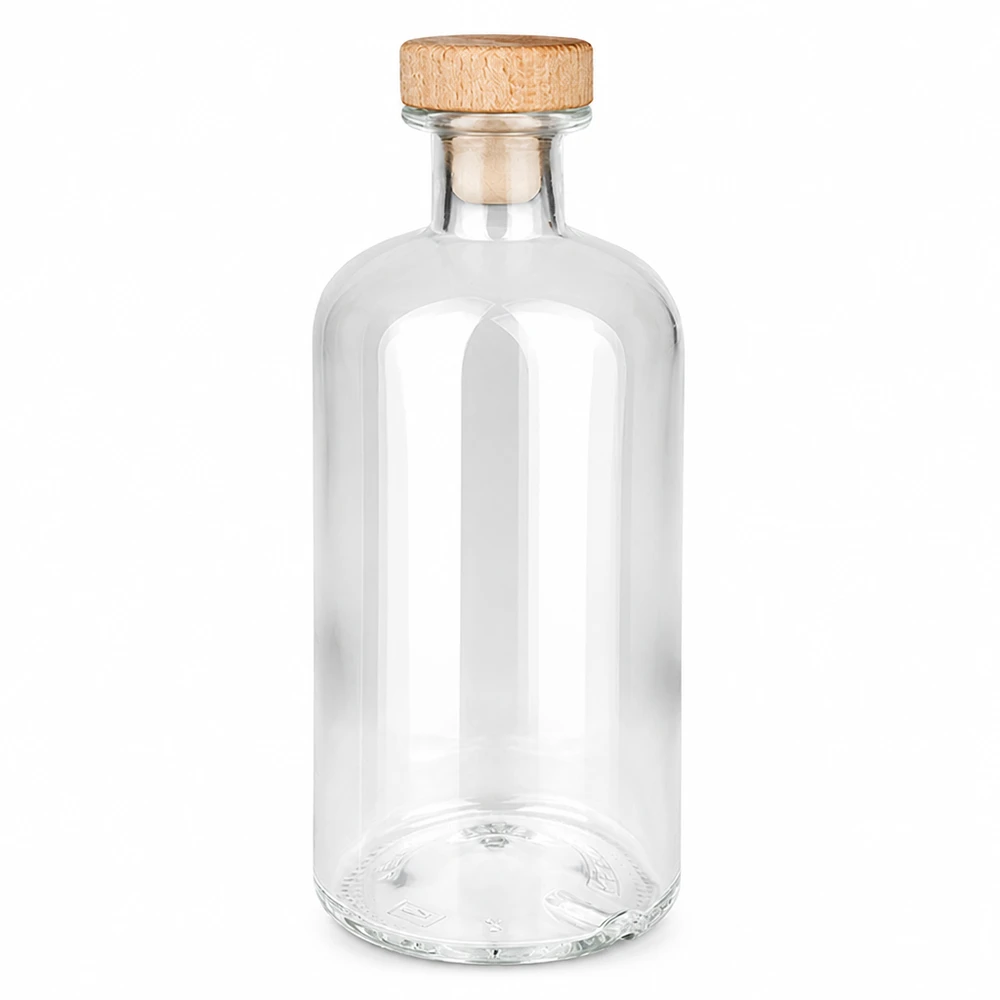 500 ml Apoteksflaske »Flora« med træhåndtag og prop UNiTWIST® 500 ml glasflaske Flora med træhåndtag kork UNiTWIST gennemsigtig tom mod en hvid baggrund