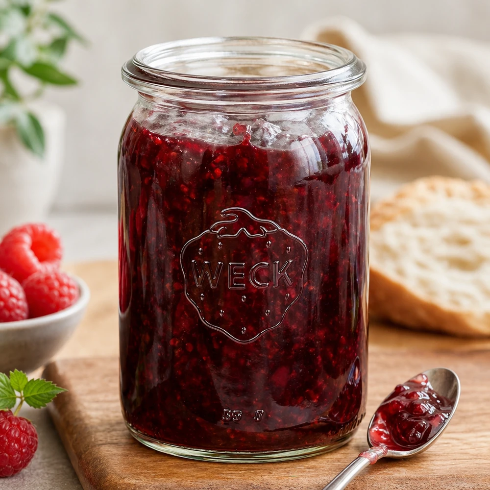 145 ml cylinderglas WECK RR40 WECK RR40 syltetøjsglas 145 ml fyldt med rød marmelade og ske på træplade ved siden af jordbær og brød