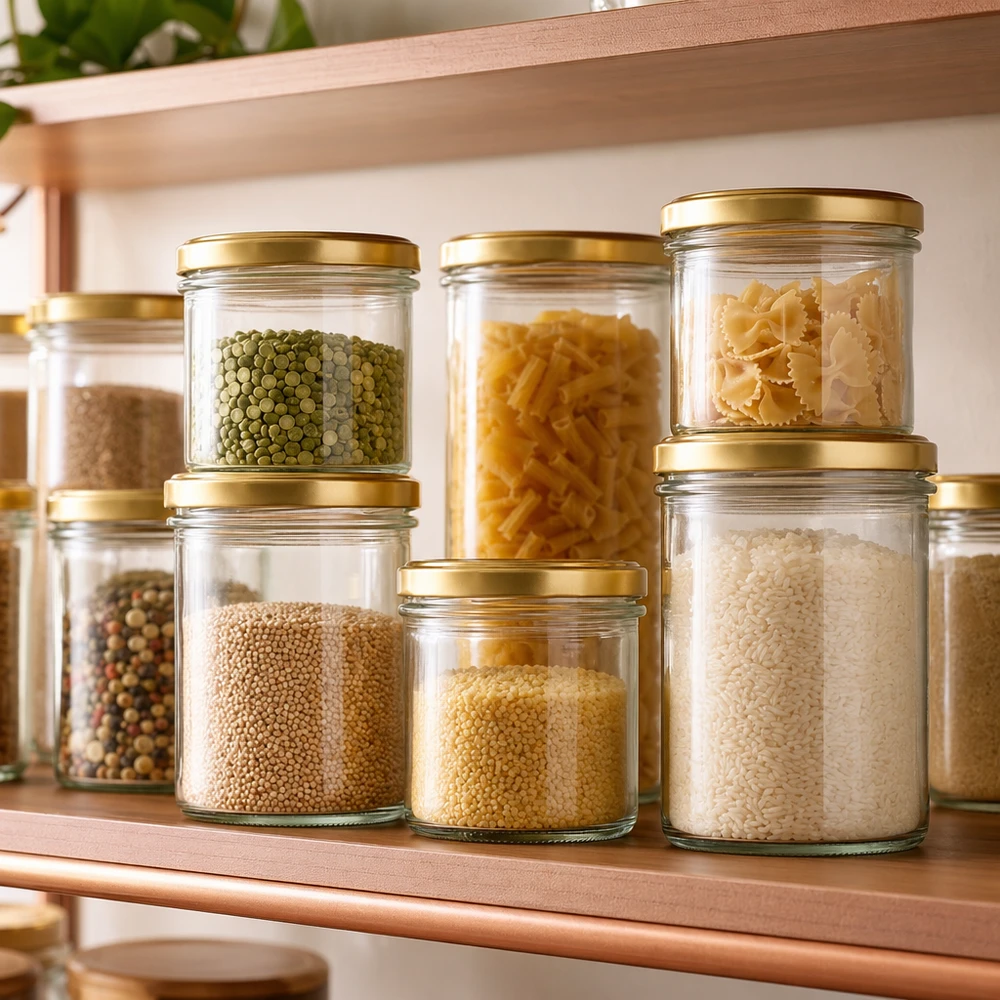 125 ml Briller med BasicSeal-låg guld UNiTWIST 125ml Sturzgläser mit BasicSeal Deckel gold zur stilvollen Aufbewahrung von Pasta, Reis und Hülsenfrüchten im Vorratssch