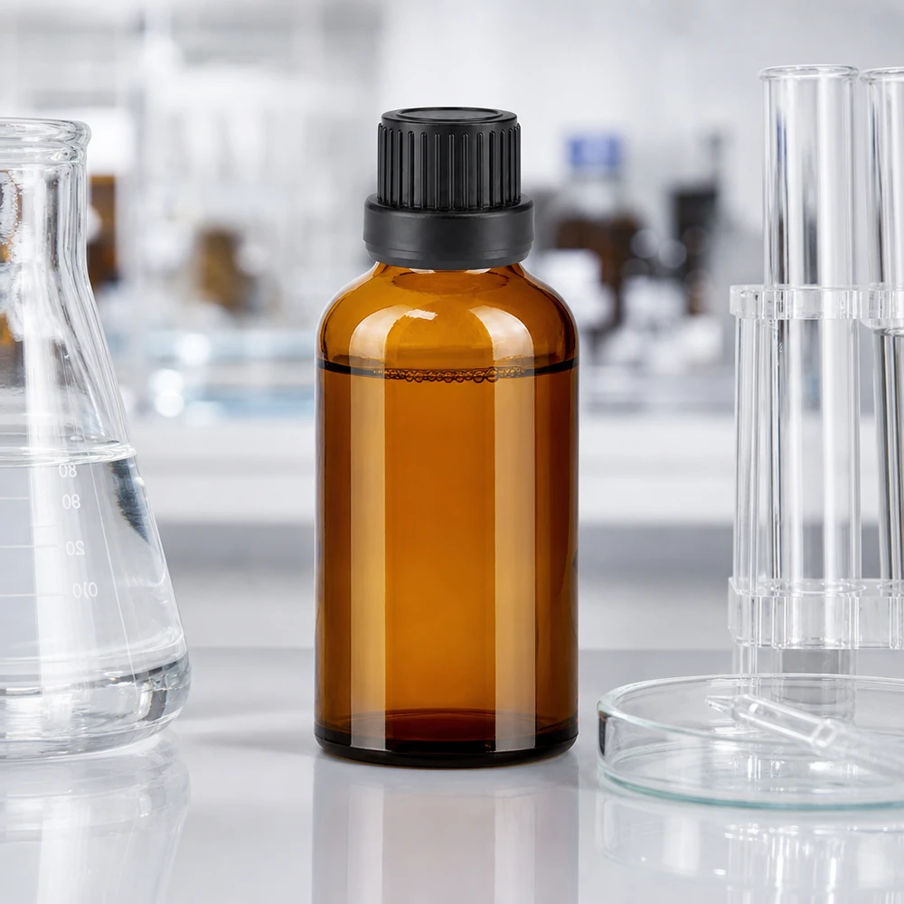 50 ml dråbeflaske 2 mm sort OV BrownLine UT18/50 Professionel 50 ml laboratorieflaske lavet af UV-beskyttende ravfarvet glas med præcist drypsystem
