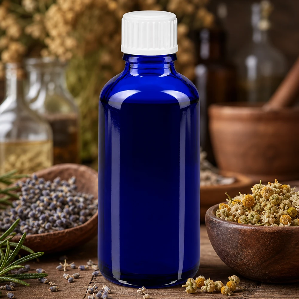 Apoteksflaske blå 50ml skruelåg hvide kugler St Blå 50 ml apotekerflaske af glas med hvid børnesikret låg mellem kamilleblomster