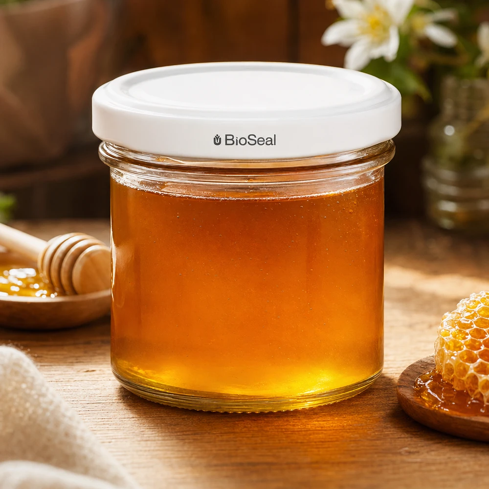 UNiTWIST Lintel125 med hvidt låg TO66 BioSeal UNiTWIST glas 125 ml fyldt med honning hvid TO66 BioSeal låg honningkrukke honeycomb træbord naturlig