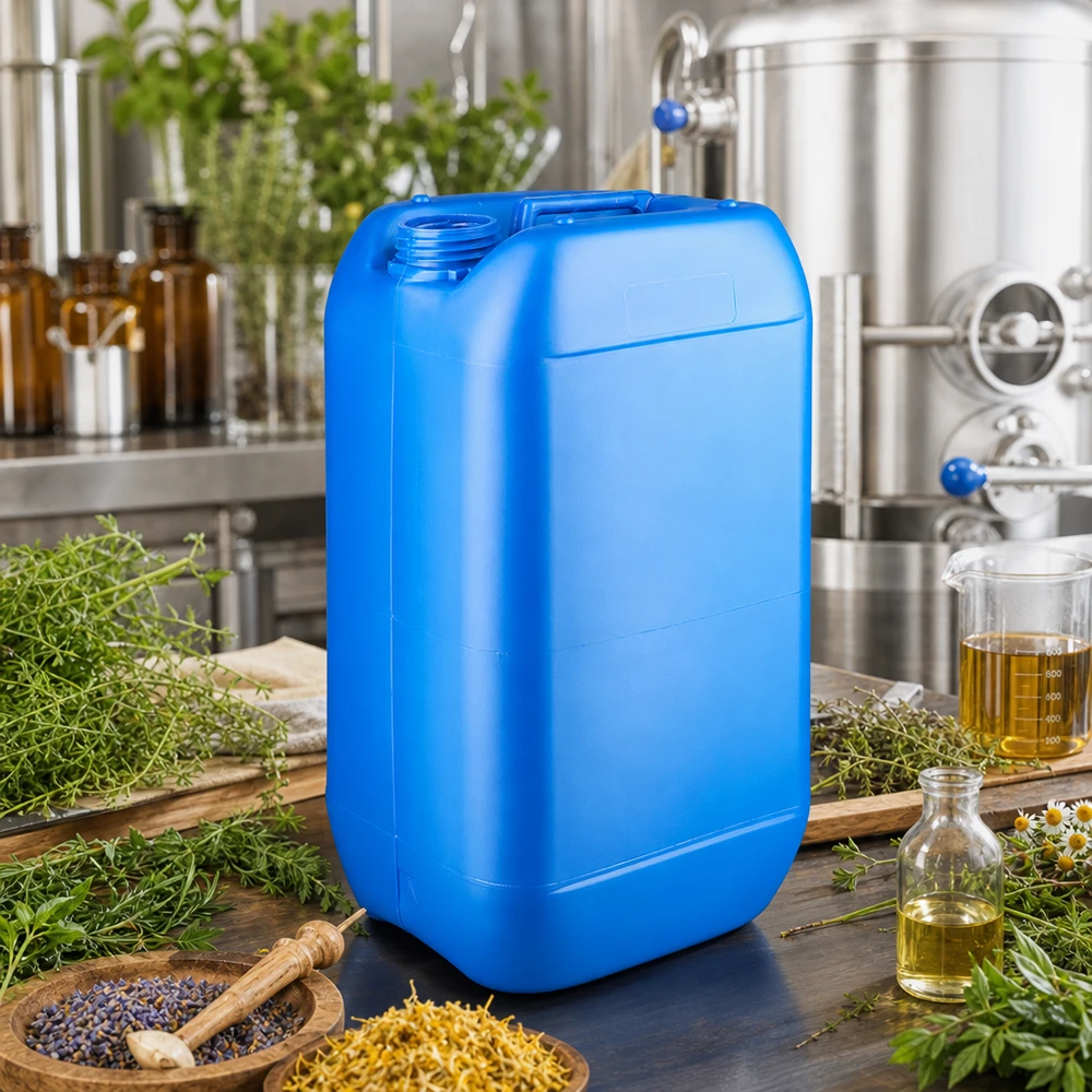 Kanister 15 liter blå uden låg Blå 15-liters dunk uden låg omgivet af urter og æteriske olier i en industrivirksomhed