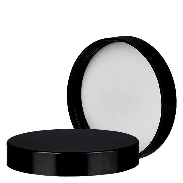 Bakelit skruelåg sort, gevind 63mm/R3 ApoGlas. Farmaceutisk kvalitet fra EU-produktion. Til f.eks. 180 ml glaskrukke (art. 1002401).