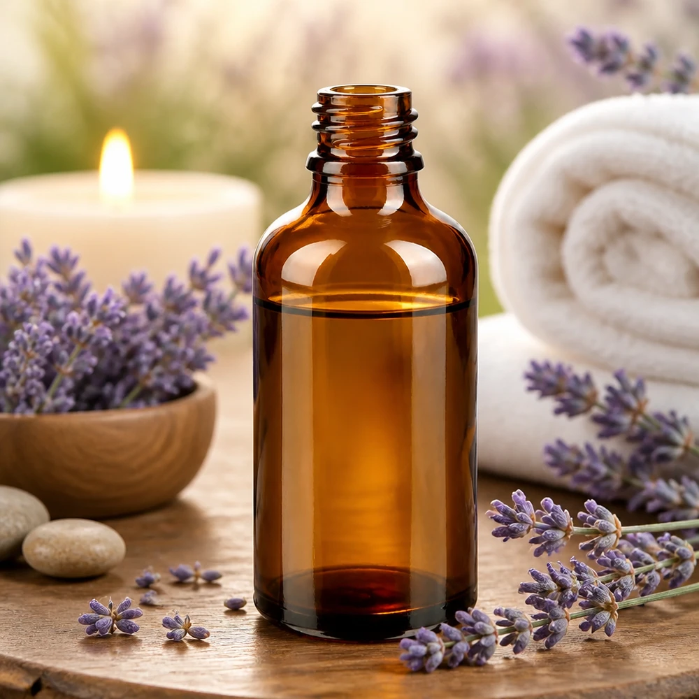 Dropperflaske 50 ml DIN 18 lavet af ravfarvet glas 50 ml brun ApoGlas-apoteksflaske med lavendel-aromaterapiopsætning og hvide håndklæder på træbord