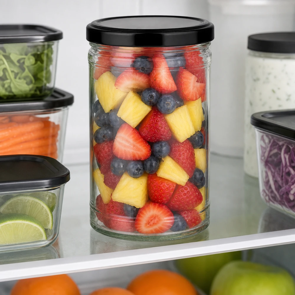 1053 ml Briller med BasicSeal-låg sort UNiTWIST 1053 ml tumbleglas med sort låg fyldt med frugtsalat i køleskabet ved siden af andre opbevaringsglas med grøntsager