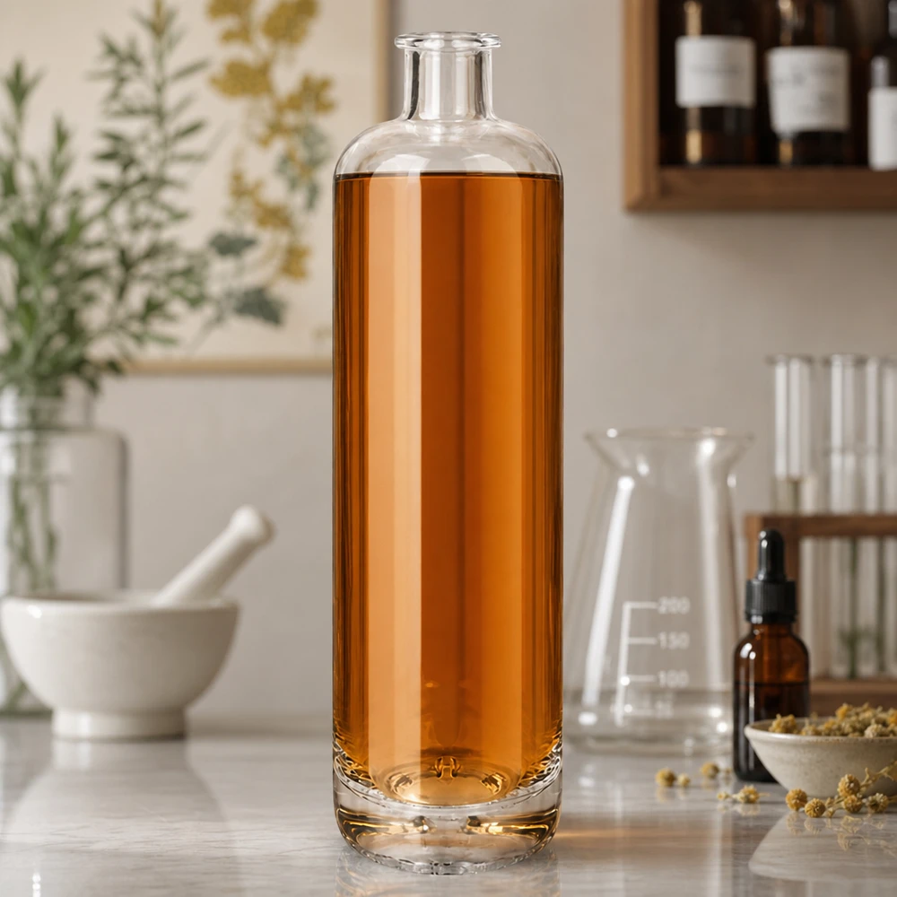 700 ml glasflaske »Ella« uden lukning UNiTWIST® 700 ml Ella glasflaske fyldt med ravfarvet væske mellem laboratorieglas og tørrede urter