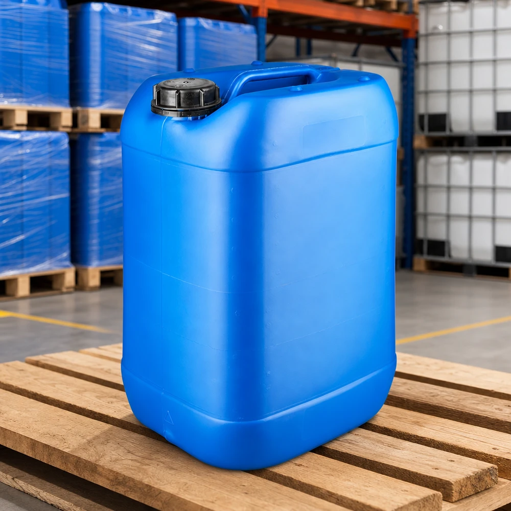Stabelbar 25-liters dunk i blå HDPE-plast med originallukning på lager