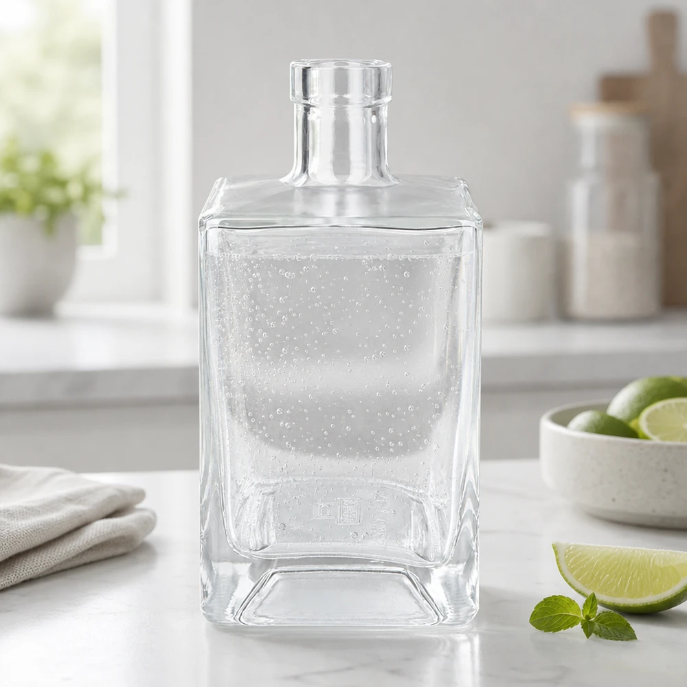 700 ml glasflaske »Ben« uden lukning UNiTWIST® 700 ml glasflaske med Ben fyldt med mineralvand forfriskende i moderne køkkener sammen med lime og mynte