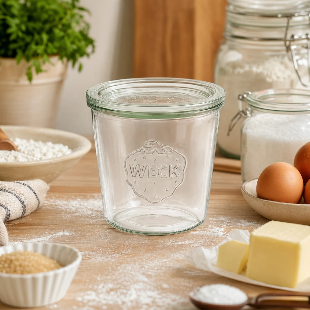 580 ml krukke med glaslåg WECK RR100 WECK 580 ml glas RR100 står tomme på en træbordplade mellem bageingredienser som mel, æg og smør i køkkenet.