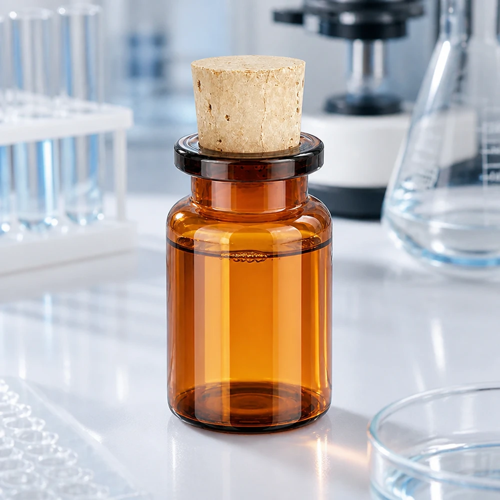 Flaske ravfarvet glas 5ml med kork 11/14mm Kleine Flasche aus dunkelbraunem Glas mit Stopfen für pharmazeutische Anwendungen