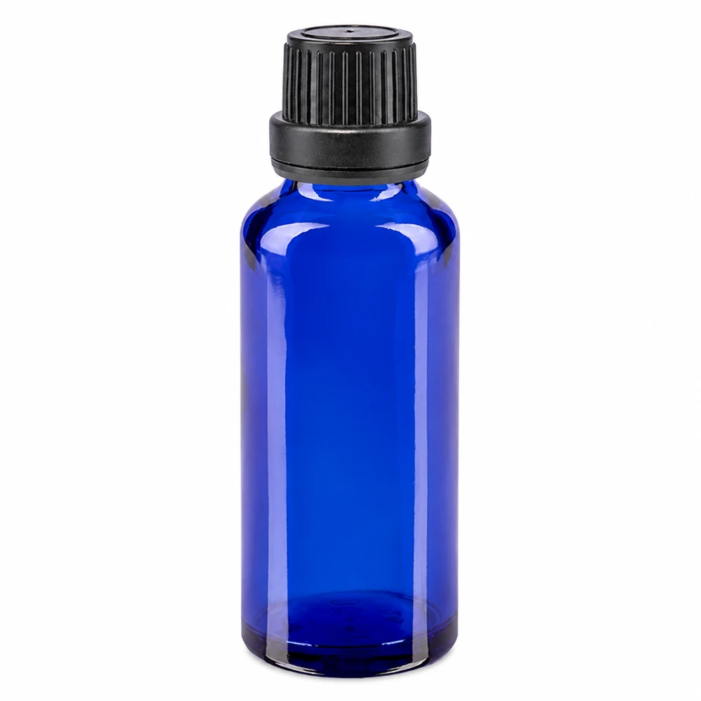 Apoteksflaske blå 30 ml skruelåg sort tæt OV 30 ml blå apotekerflaske af glas med sort skruelåg (11 mm) til æteriske olier