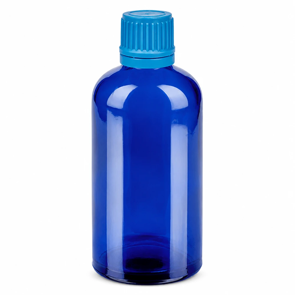 100 ml blå glasflaske med skruelåg til kosmetik og lægemidler