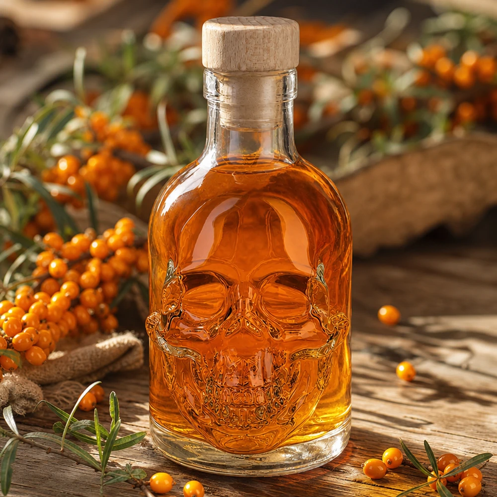 200 ml glasflaske »Jack« med træhåndtag og prop UNiTWIST® Ravfarvet 200 ml Jack-glasflaske med kranieprægning mellem havtornbær på et rustikt træbord