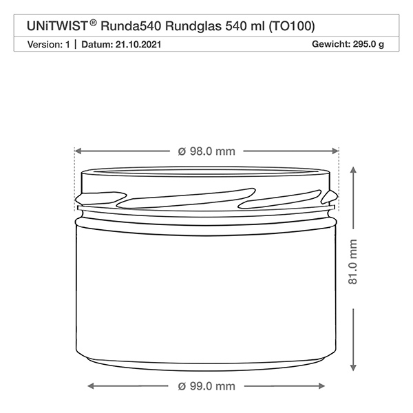UNiTWIST Runda540 - Briller med en kapacitet på 540 ml TO100 UNiTWIST Runda540 bægre 540ml TO100 teknisk tegning dimensioner diameter 98mm højde 81mm produktspecifikation