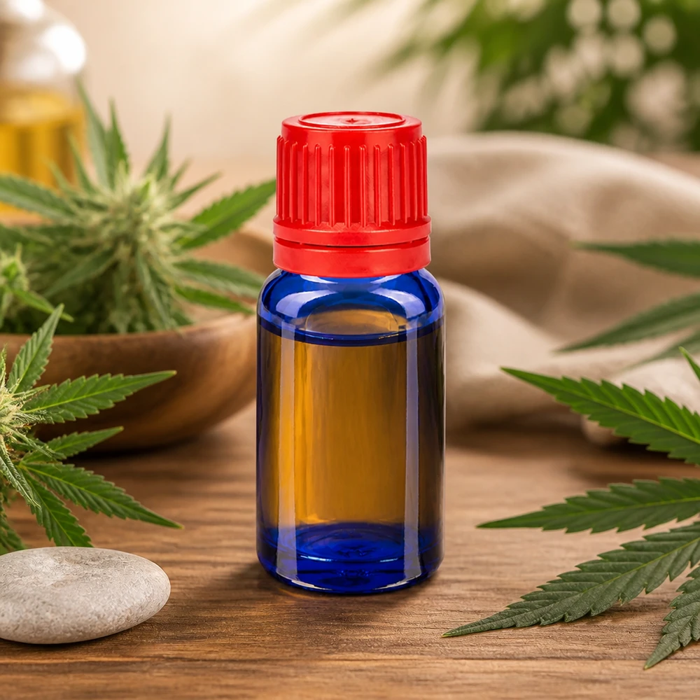 10 ml flaske 11 mm SV rød OV BlueLine UT18/10 10 ml BlueLine-glasflaske med 11 mm rød hætte, ideel til CBD-olie og naturkosmetik