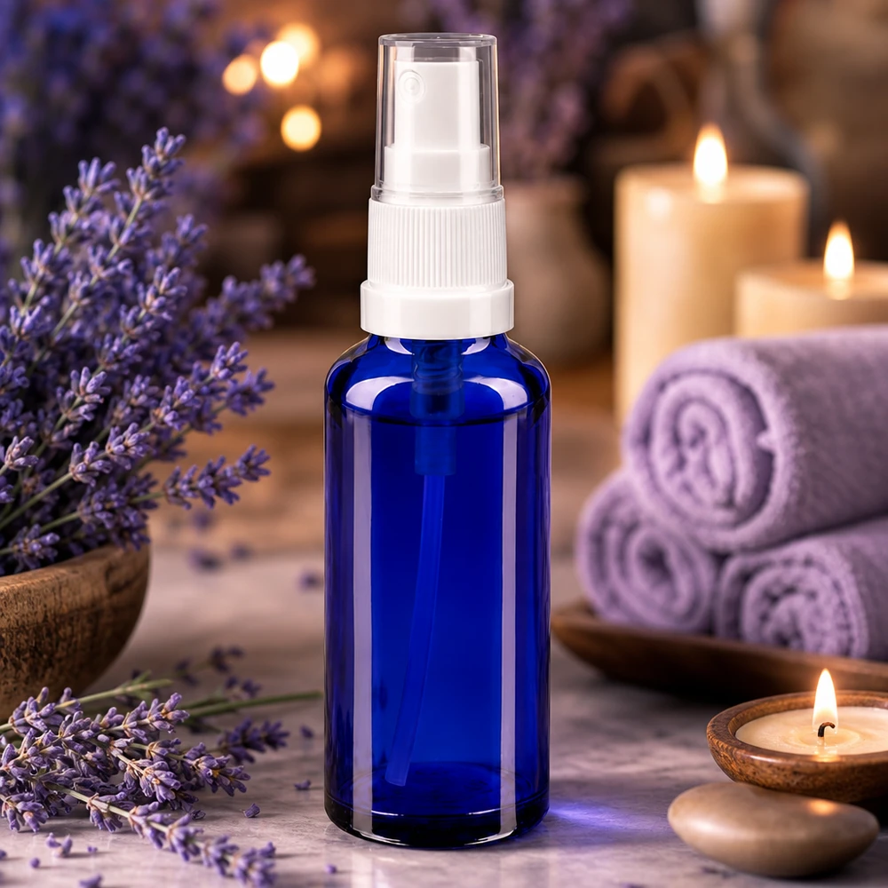 Blå sprøjteflaske af borosilikatglas, 10 ml, med hvid pumpesprøjte foran lavendelblomster