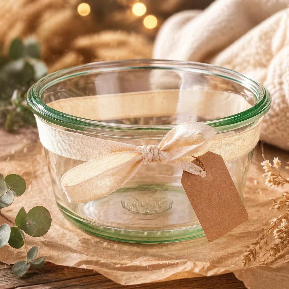 290 ml gourmetglas WECK RR100 WECK RR100 290ml Gourmetglas dekorativ mit Schleifenband und Anhänger als Geschenkidee auf natürlich gedecktem Tisch
