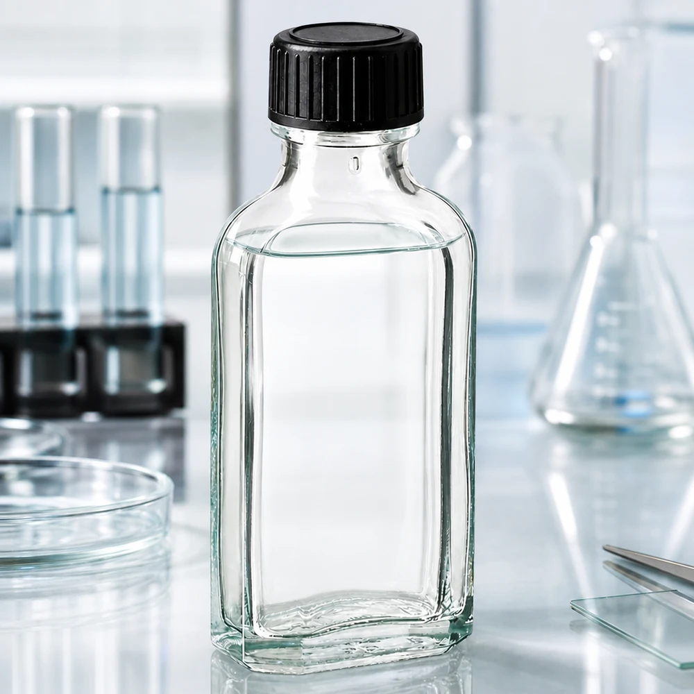 50 ml Meplat-flaske af klart glas med rillet skruelåg til brug i laboratoriemiljøet