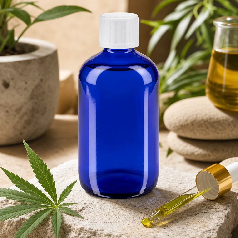 Blå 100 ml apotekerflaske med CBD-blad og gylden dråbetæller til naturprodukter