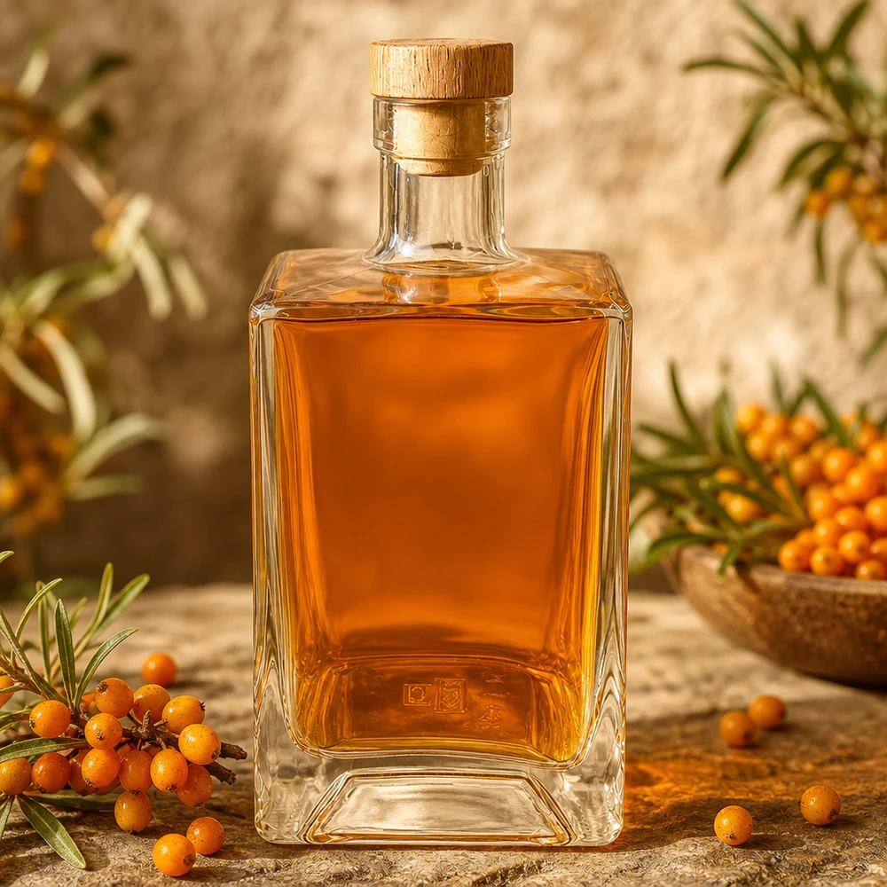 700 ml glasflaske »Ben« med træhåndtagskork UNiTWIST® 700 ml glasflaske Ben fyldt med orange havtornlikør mellem havtornbær med naturlig dekoration UNiTWIST Ho