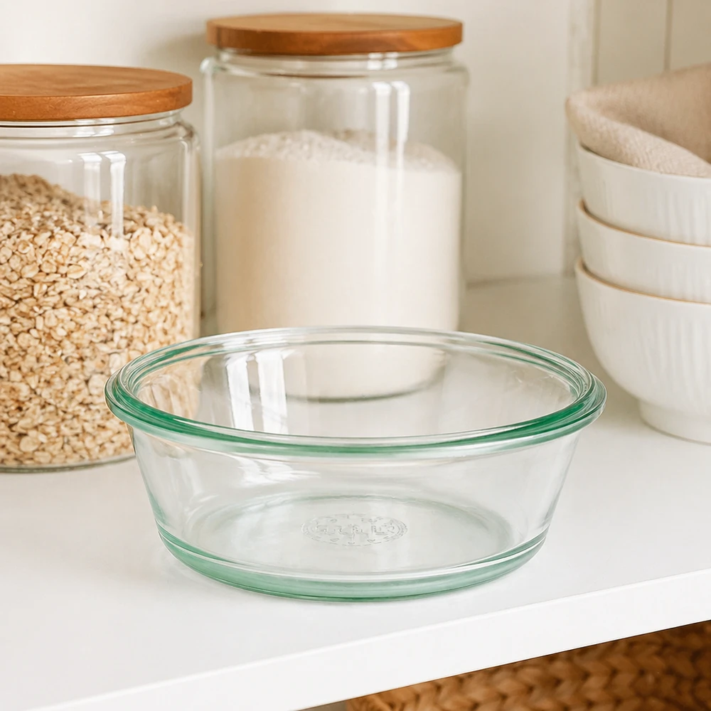 300 ml WECK RR120 gourmetglas WECK RR120 Gourmetglas 300ml leer auf weißer Küchenarbeitsplatte neben Vorratsgläsern zeigt klares Design
