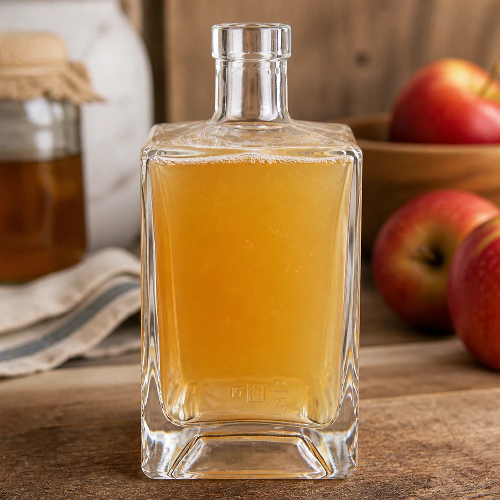 700 ml glasflaske »Ben« uden lukning UNiTWIST® 700 ml glasflaske Ben fyldt med æblejuice ved siden af røde æbler på træplade naturlig køkkenatmosfære