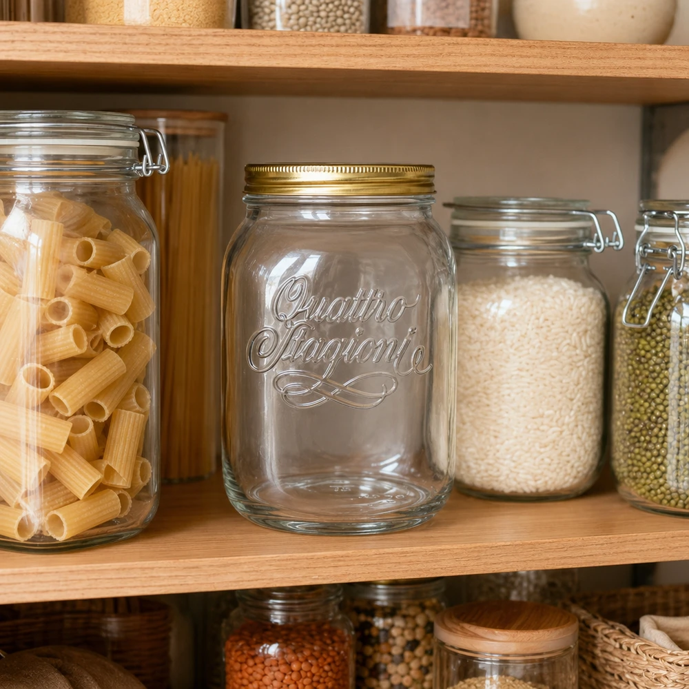 2000 ml rundt glas "Quattro Stagioni" med låg Quattro Stagioni 2L opbevaringskrukke i organiseret spisekammer med pasta og ris - praktisk opbevaringskrukke