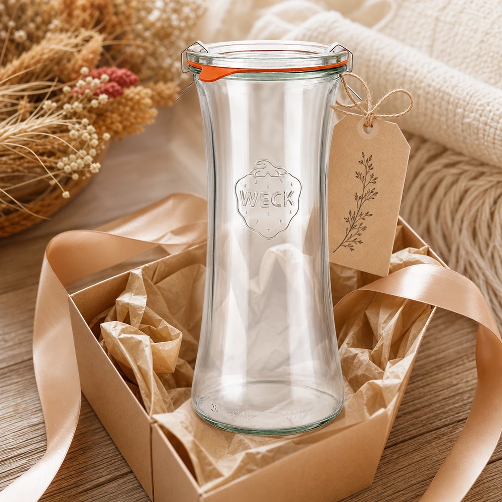 700 ml delikatesseglas komplet WECK RR80 WECK delikatesseglas 700 ml RR80 gaveindpakket med sløjfe og mærke i rustik dekoration