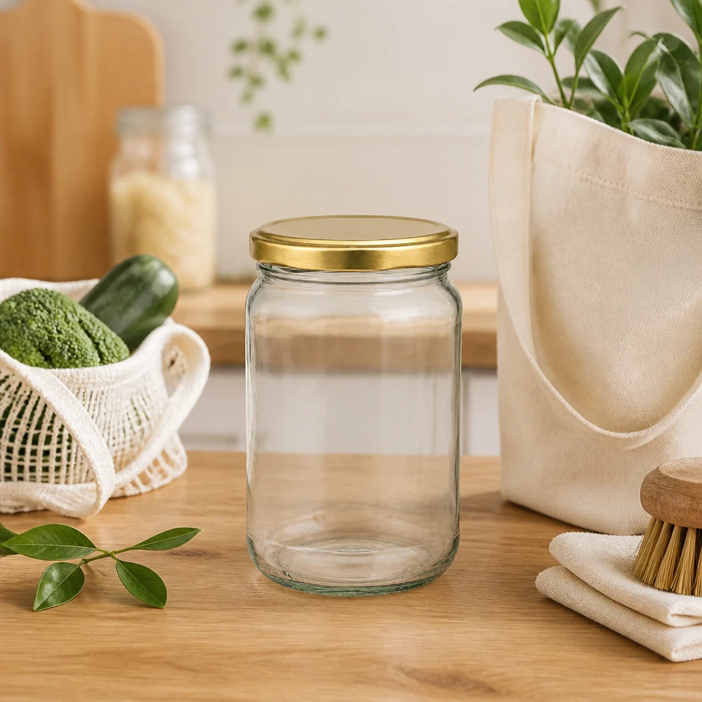 305 ml rund krukke med BasicSeal-låg i guld UNiTWIST 305ml Rundglas BasicSeal UNiTWIST gold in nachhaltiger Küchenszene mit Öko-Tasche und Zero-Waste-Zubehör