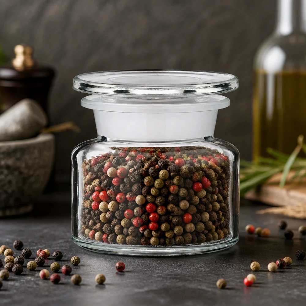 Idé til krydderiglas: apotekerflaske 50 ml med bred hals i klart glas Apotekerflaske, 50 ml, bredhalset, klart glas med farvede peberkorn på en mørk skiferplade