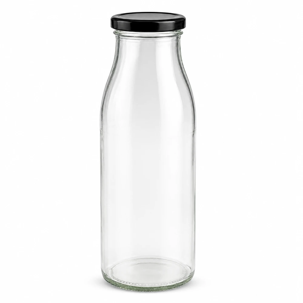 500 ml glasflaske + BasicSeal-låg sort UNiTWIST. Absolut lækagesikker med stort TO48-låg. Til mælk, juice og limonade. 500 ml glasflaske med sort BasicSeal-låg UN-certificeret gennemsigtig tom stående produktfoto
