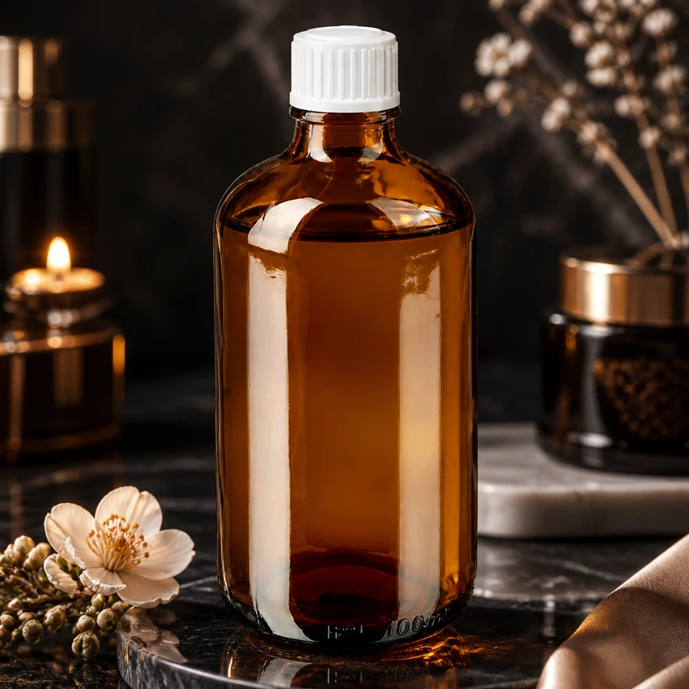 Ravfarvet glasflaske på 100 ml med hvid doseringsprop til naturkosmetik og aromaterapi