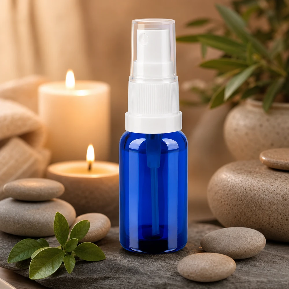 Blå 20 ml glassprayflaske med hvid forstøver til gør-det-selv-kosmetik og naturprodukter