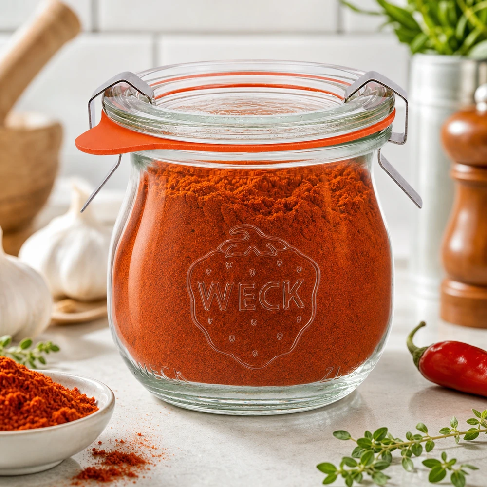 75 ml tulipankrukke komplet WECK RR40 WECK tulipankrukke 75ml RR40 fyldt med paprikapulver i middelhavskrydderikøkken med friske krydderurter og chili