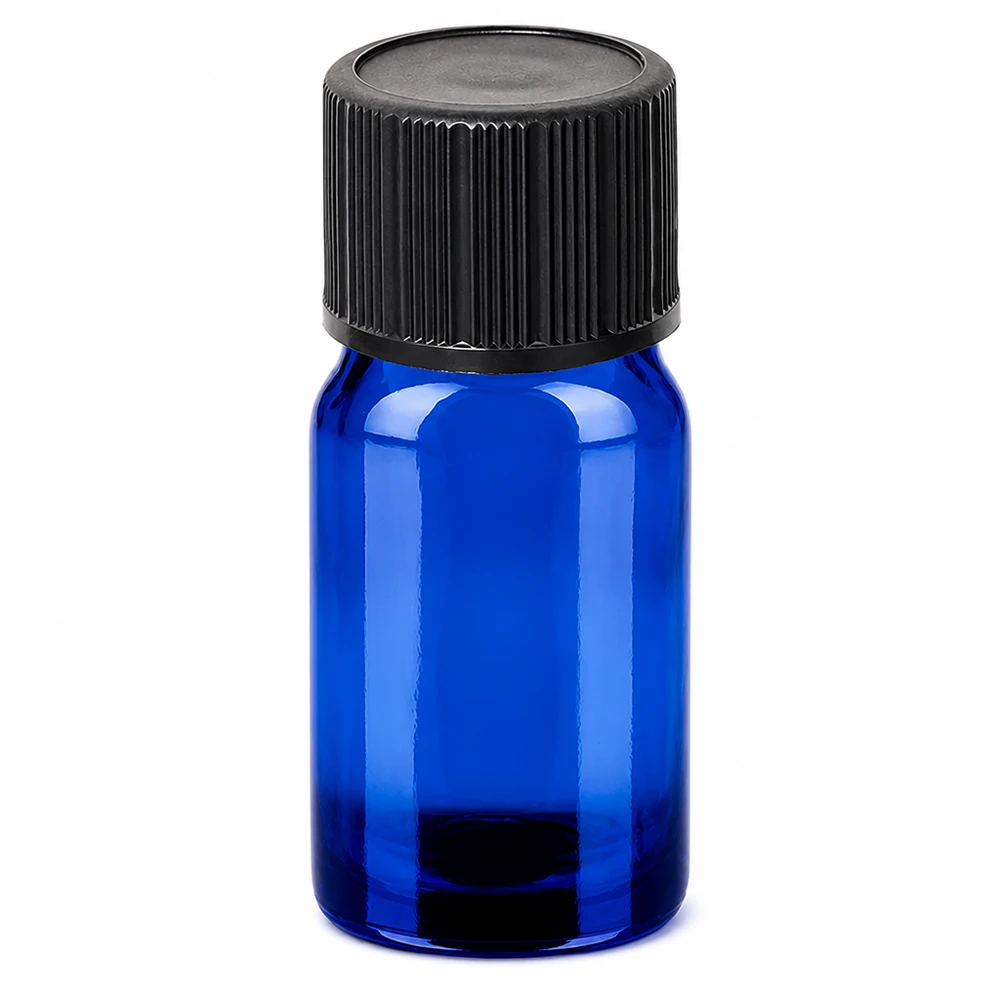 5ml Dropperflaske 1mm sort STD BlueLine UT18/5 5 ml blå glasdråbeflaske med sort skruelåg til æteriske olier og tinkturer
