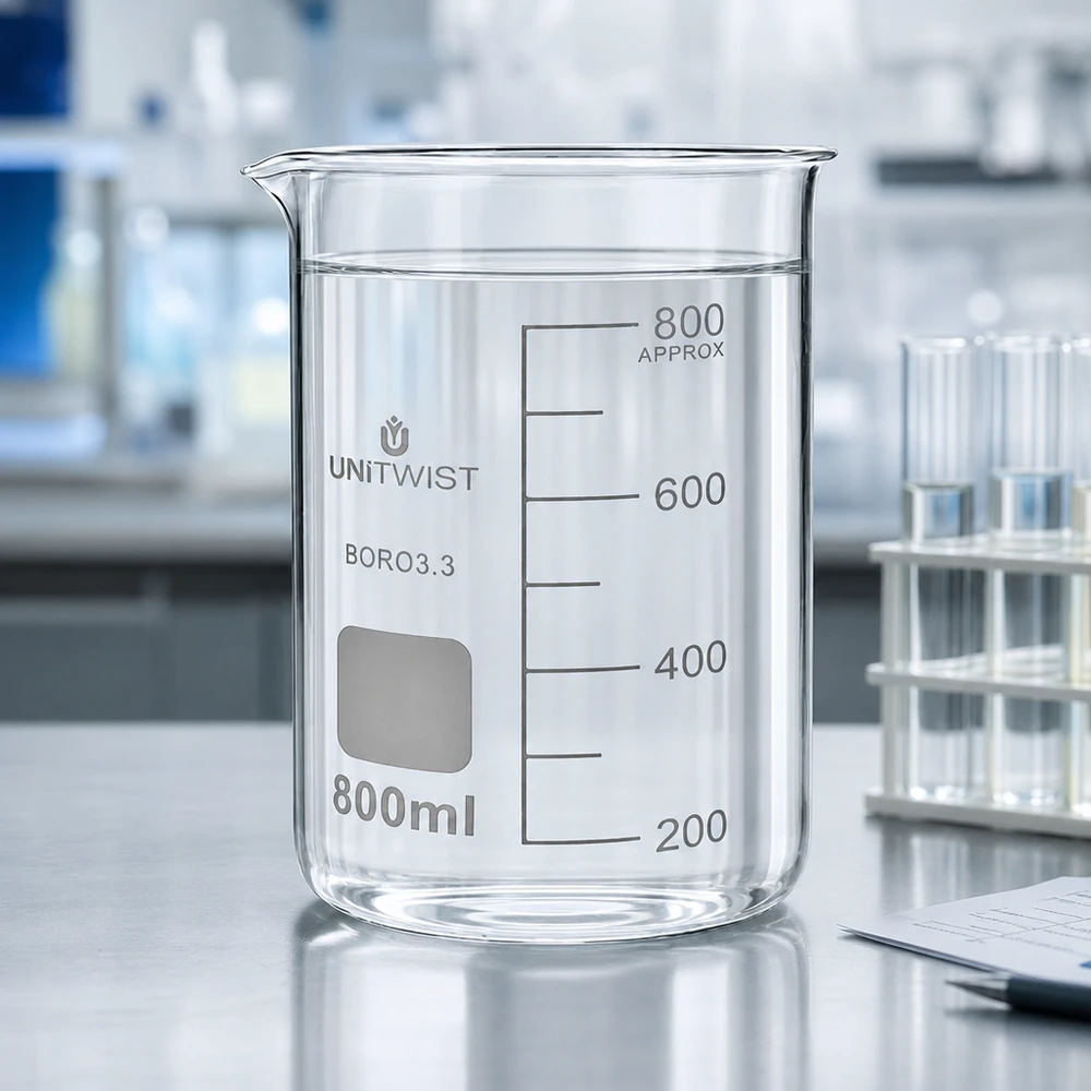 Bægerglas 800 ml borosilikat, høj form UNITWIST Gennemsigtigt bægerglas, 800 ml, høj model, UNITWIST BORO3.3, på et hvidt laboratoriebord med reagensglas