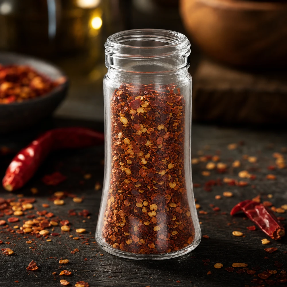 Salt/krydderikrukke Bobby 95 ml, gevind 41 mm klart glas - matchende låg med 41 mm gevind kan bestilles separat. Krydderiglas Bobby 95 ml fyldt med chiliflager på en rustik, mørk træbase