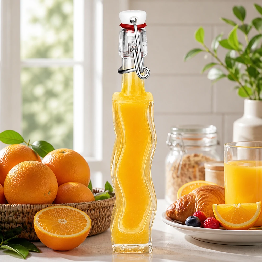 40 ml Glasflaske »Fila« med PVC-skruelåg UNiTWIST® 40 ml Anna-glasflaske med orangefarvet fyld ved siden af friske appelsiner og croissanter i en solrig køkkenscene