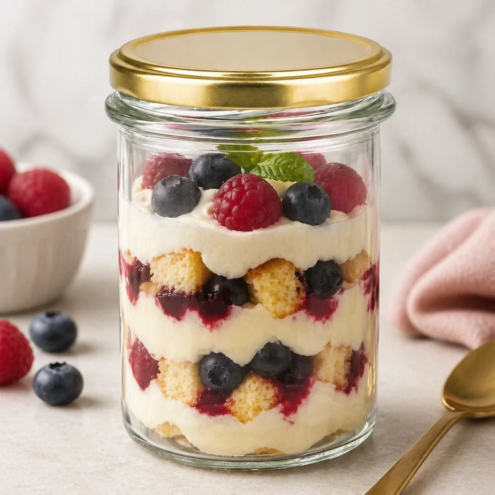 230 ml Briller med BasicSeal-låg guld UNiTWIST 230 ml BasicSeal guld UNiTWIST-bægre fyldt med lagdelt dessertbærcreme som dessertglas