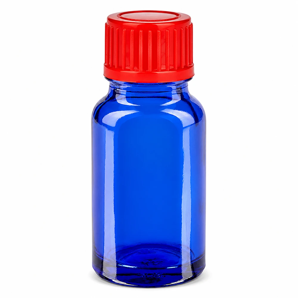 10 ml flaske 11 mm SV rød STD BlueLine UT18/10 Blå 10 ml glasflaske med rødt skruelåg til laboratoriebrug og kemikalier