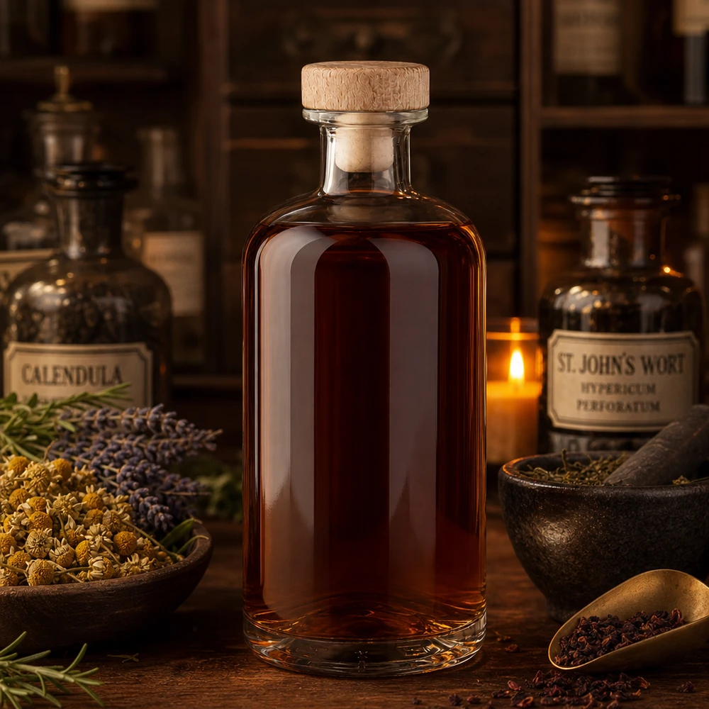 500 ml Apoteksflaske »Flora« med træhåndtag og prop UNiTWIST® 500 ml glasflaske Flora med træprop brun tinktur mellem urter Calendula St Johnswort Apothecary ambience
