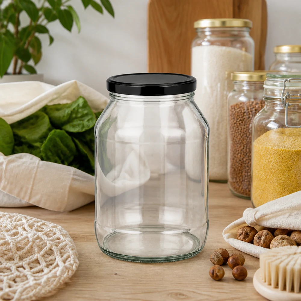 2650 ml rund krukke med BasicSeal-låg sort UNiTWIST Leeres 2650ml Rundglas mit schwarzem Deckel auf Holztisch mit Nüssen Getreide und nachhaltigen Küchenutensilien