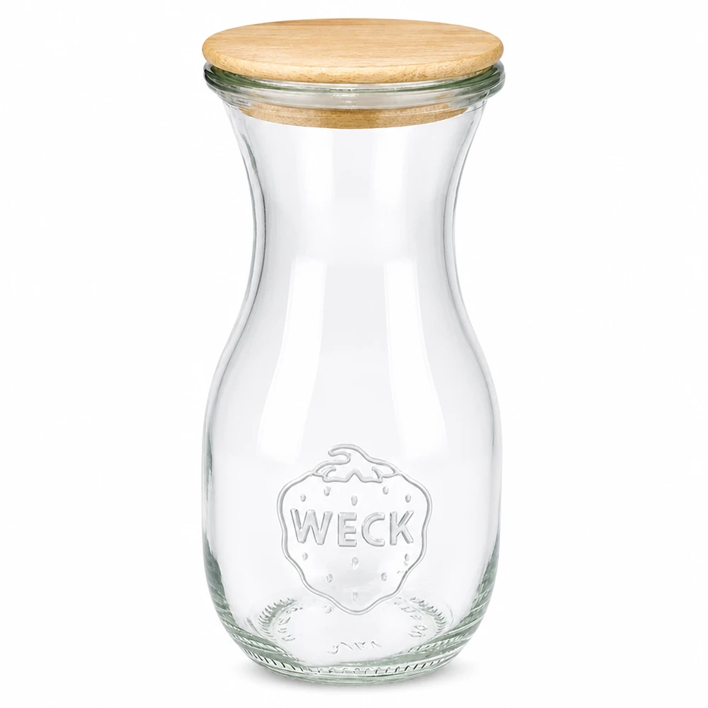 290 ml WECK juiceflaske med trælåg WECK juiceflaske 290 ml af glas med trælåg og præget logo på hvid baggrund