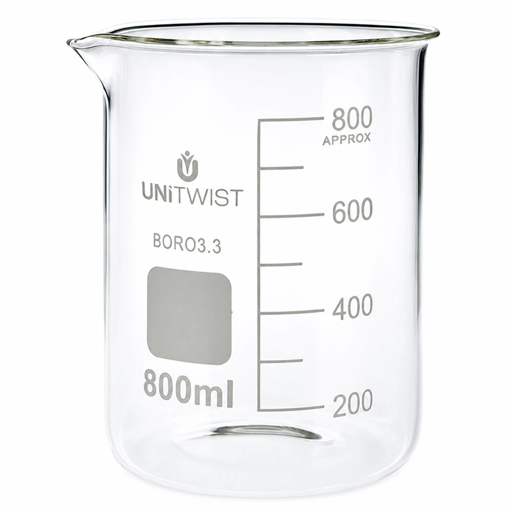 Bægerglas 800 ml borosilikat, lav form UNiTWIST 800 ml bægerglas af borosilikatglas, lav model med måleskala fra UNiTWIST