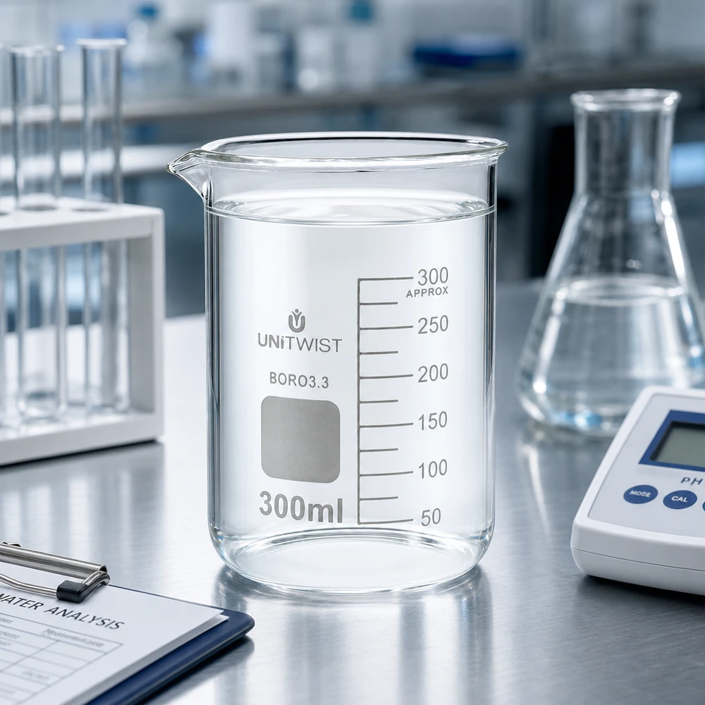 Bæger 300 ml borosilikat, lav form UNiTWIST UNiTWIST 300 ml bägerglas af borosilikatglas, lav model, i et professionelt laboratorium på et bord af rustfrit stål