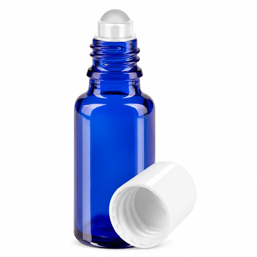 20 ml blå roll-on-flaske af apoteksglas med hvid prop og rullekugle